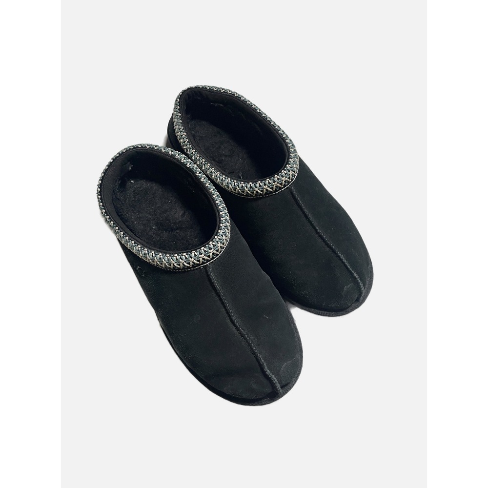 UGG Tasman Slippers Women 6 Black Suede Embroidered Braid Slip On Comfort Cozy